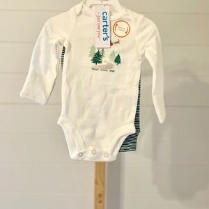 Carters Long Sleeve Bodysuit Pants Set Jolly Reindeer Trees Green White Stripe